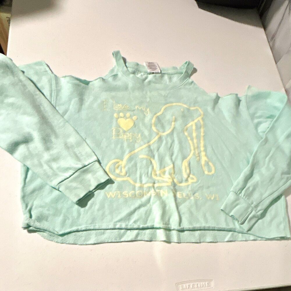 Exist Girl’s Teal Graphic Dog Sweatshirt, Size L Crewneck Pullover Fleece
